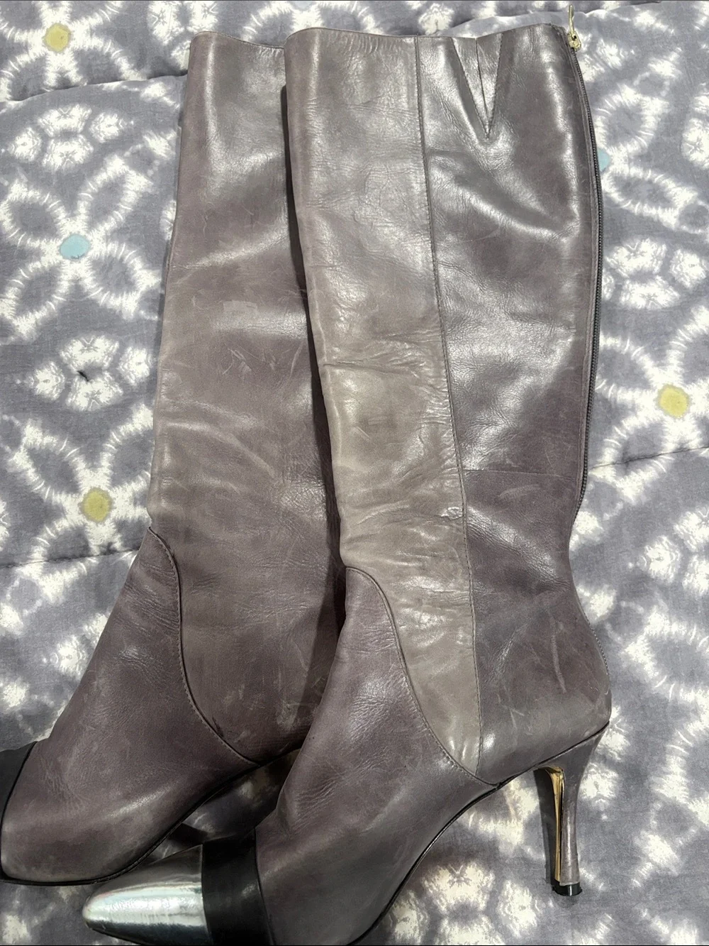 Carolinna Espinosa Gray Knee-High Pointed Toe Heel Boots with Silver Cap